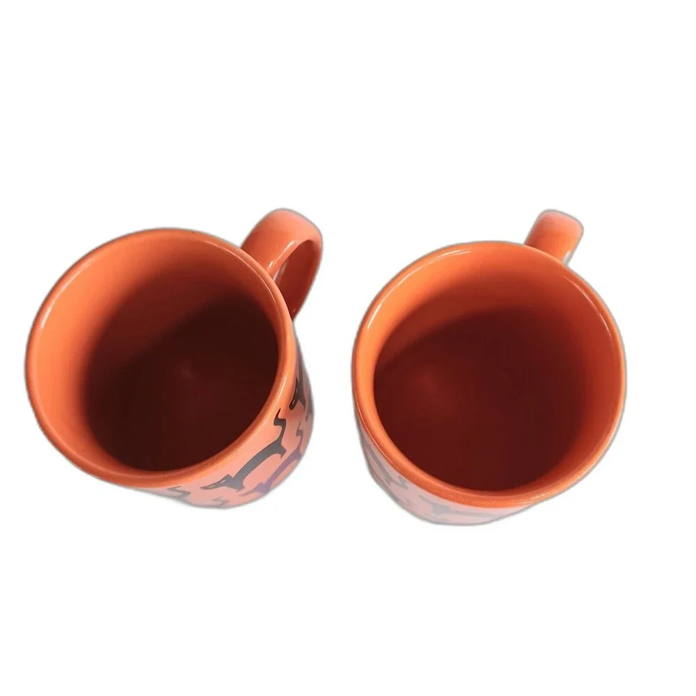 CRATE and BARREL Scaredy Cat Back Cat Small Coffee Mugs Orange Black Purple 7 oz